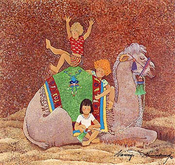 children playing with sleeping camel