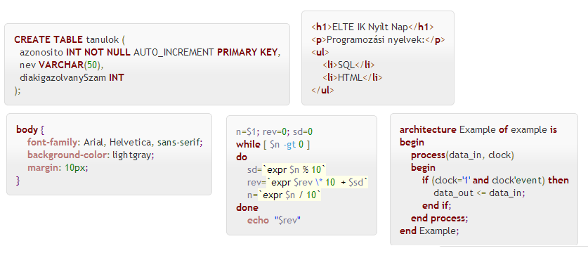 A DSL példák föntről lefelé és balról jobbra: SQL, HTML, CSS, Make, Feldspar, Logo, HVDL, Shell script